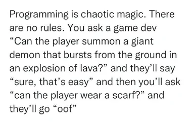 text-based meme about game development and programming