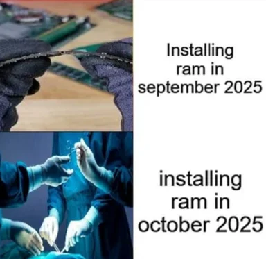 Two-panel meme: top shows gloved hands installing a RAM stick on a motherboard labeled 'Installing ram in september 2025',