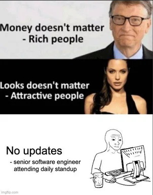 Humorous meme about senior software engineers at daily standup