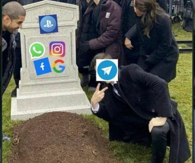 Man in a suit kneeling next to a tombstone with logos of various social media platforms