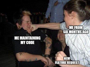 a woman hitting a man with a caption about maintaining code