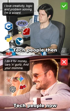 humorous meme contrasting tech people then and now