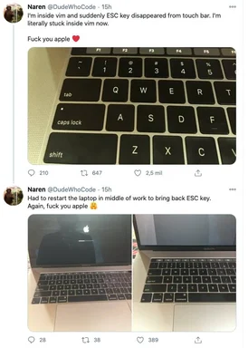 Apple MacBook keyboard with missing ESC key on touch bar