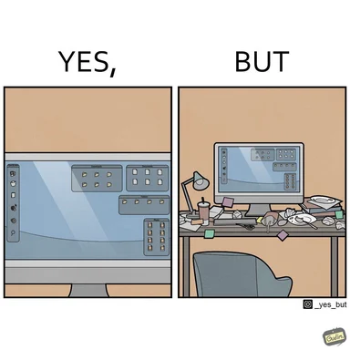yes but meme comparing clean and messy developer desks
