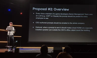 A speaker on a conference stage presents a slide titled 'Proposal #2: Overview' satirically demanding that every senior-management LLM prompt be posted to all employees and honked outside the CEO's office.