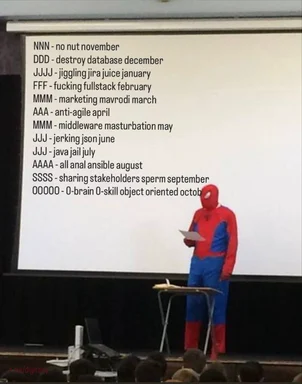 Spiderman presenting a slide with humorous tech-related terms for each month