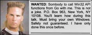 Wanted poster with a man on the left and text on the right about calling Win32 API functions from Go