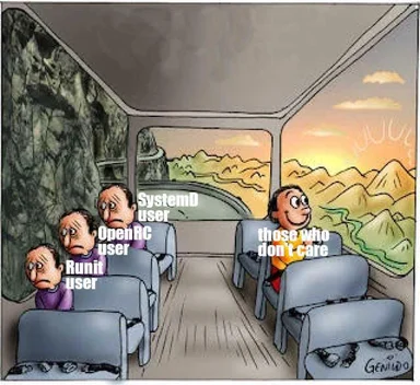 Cartoon of people riding in a bus with a cliff on one side and a sunny mountain vista on the other. Four men look worried on the left side while one man smiles on the right.