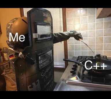 programmer in protective gear handling C++