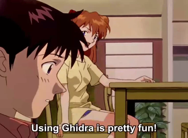 anime-style image of a man and woman sitting at a desk with text overlay 'Using Ghidra is pretty fun!'