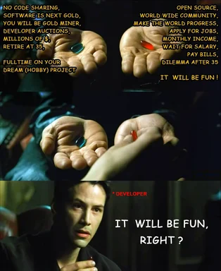 The Matrix meme with a developer choosing between two pills, labeled with the text 'IT WILL BE FUN, RIGHT?'