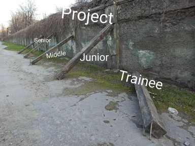 humorous image of wooden posts labeled with developer seniority levels