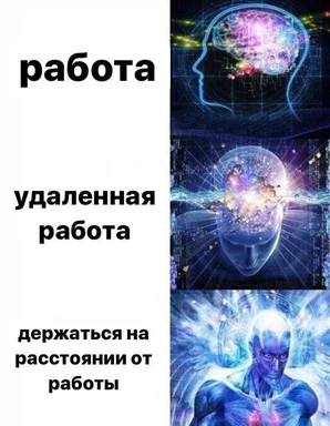 russian remote work meme with brain and superhero graphics