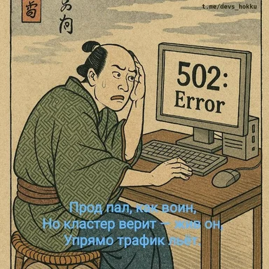 Japanese-style illustration of a man in traditional clothing sitting at a computer with a 502 error on the screen