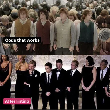 Lord of the Rings hobbits and formal event guests standing in line