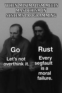 Two men representing minimalism and masochism in systems programming with Go and Rust labels