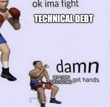 funny image of two boxers with text about technical debt