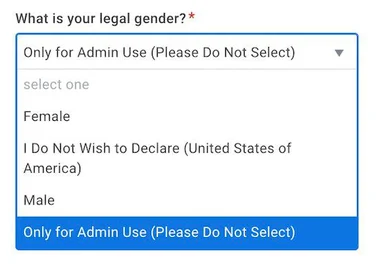 form with gender selection options and a humorous admin-only option