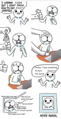 cartoon character learning to code with a shocked reaction to code review