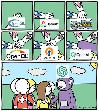 OpenAI logo on a cartoon character's head with other Open logos in the background