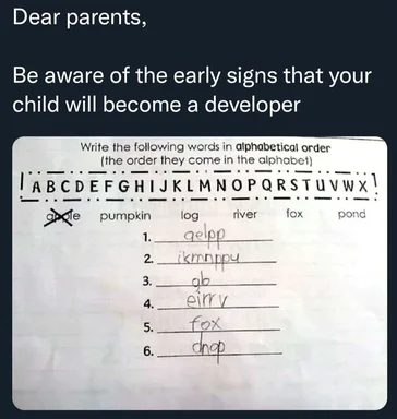 kid homework sheet with incorrect alphabetized list