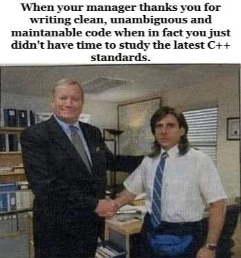 Two office workers shaking hands, one with long hair and a blue bag, the other in a suit.