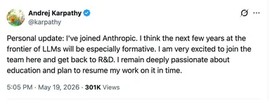 Andrej Karpathy joins Anthropic