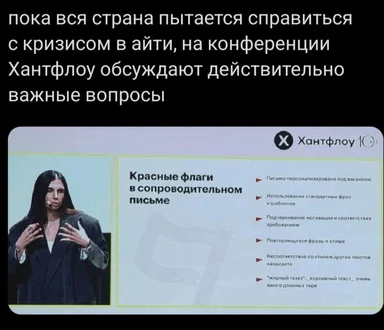 Мем с изображением женщины на конференции Хантфлоу, обсуждающей красные флаги в сопроводительном письме.