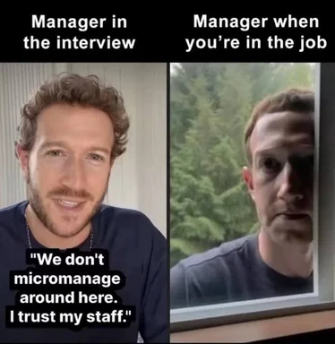 meme about manager's contrasting behavior in job interview and on the job