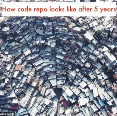 Aerial view of a dense, disorganized urban landscape with many small buildings, representing a code repository after 5 years