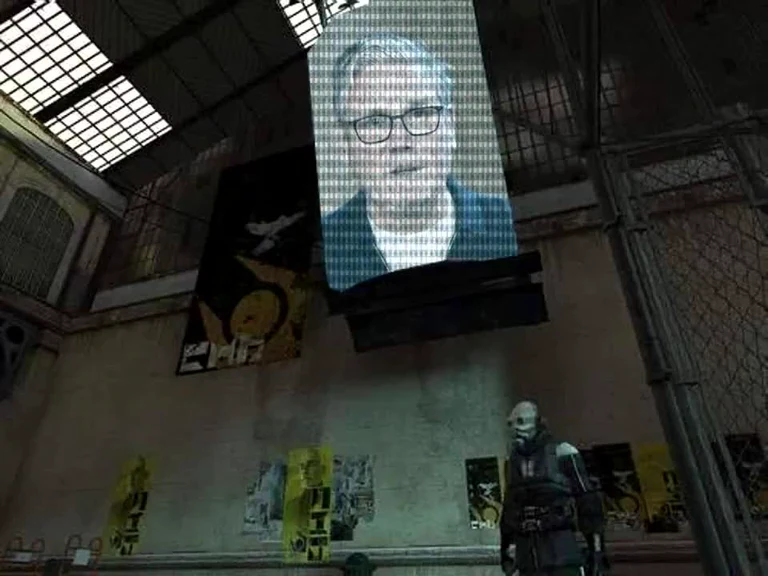 Elon Musk's face displayed on a large digital screen in a scene from The Matrix movie