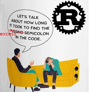 therapist and client on couch discussing finding a missing semicolon in code with rust logo