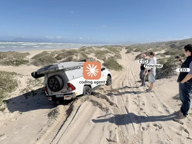 A white car labeled coding agent stuck in sand dunes with people labeled CTO, Principal, and CEO watching