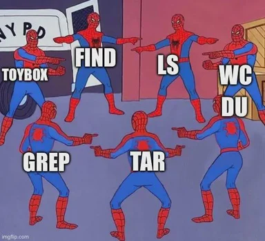 Spiderman pointing at each other with labels ls, find, wc, du, grep, tar, toybox