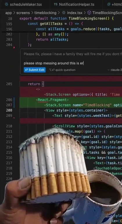 hand holding cigarettes and coffee cup in front of coding screen