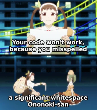 Anime girl holding a paper with text 'Your code won't work, because you misspelled a significant whitespace Ononoki-san'