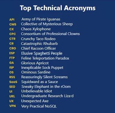 humorous list of technical acronyms with silly meanings