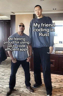 Dwayne 'The Rock' Johnson and a tall man standing side by side with overlaid text comparing coding skills in Go and Rust