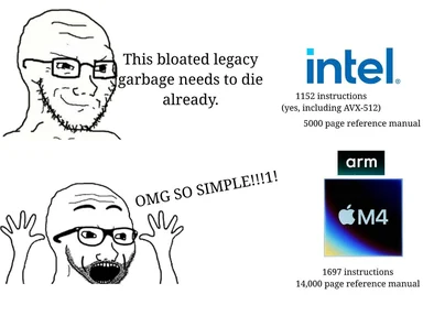 Two-panel meme comparing Intel and ARM CPU architectures