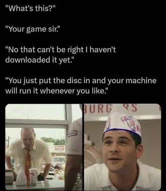 Confused man in a fast food uniform and another man looking puzzled