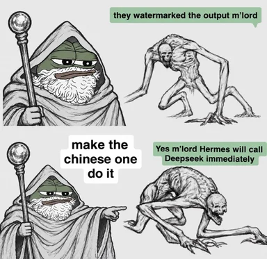 Hooded wizard AI character orders a hunched servant to call DeepSeek to bypass output watermarking