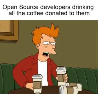 Cartoon character with orange hair and a red jacket drinking multiple cups of coffee