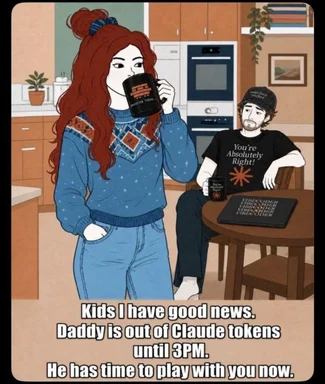 Cartoon of a woman and man in a kitchen with text about Claude tokens