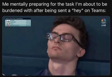 Man with glasses looking up, appearing stressed or overwhelmed, with a screenshot of an Olympic event in the background.