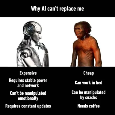 Robot and caveman comparing reasons AI can't replace humans