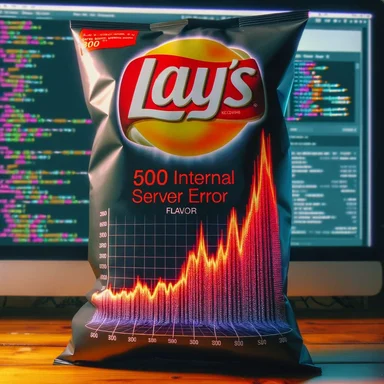 Lay's 500 Internal Server Error flavor bag with a graph on the front and coding screens in the background