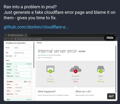 A screenshot of a fake Cloudflare error page editor with a humorous caption about blaming Cloudflare for production problems.