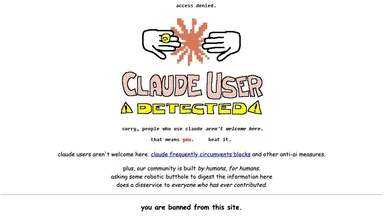 A meme image showing a 'Claude User Detected' warning with a red cross symbol, stating that users of the Claude AI are banned from the site.