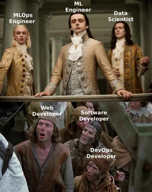Nobility and peasant meme with ML engineer, MLOps engineer, data scientist, web developer, software developer, and DevOps developer labels