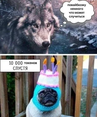 Meme showing a wolf thinking 'I'll make a slight mistake' and a pug in a hat with text '10,000 tokens later'